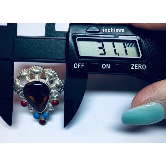 925 Sterling Silver Statement Ring Amber Turquoise Coral Inlay Size 8 Estate - Picture 9 of 11